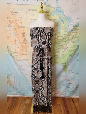 Blooming Rose Strapless Snake Print Maxi Dress in Brown and Black